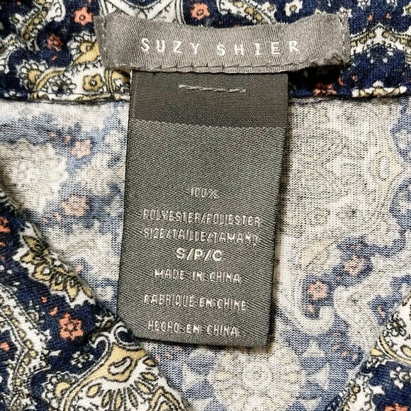 SUZY SHIER Navy blue geometric floral print button-down shirt ~ SMALL MEDIUM top - Picture 2 of 12